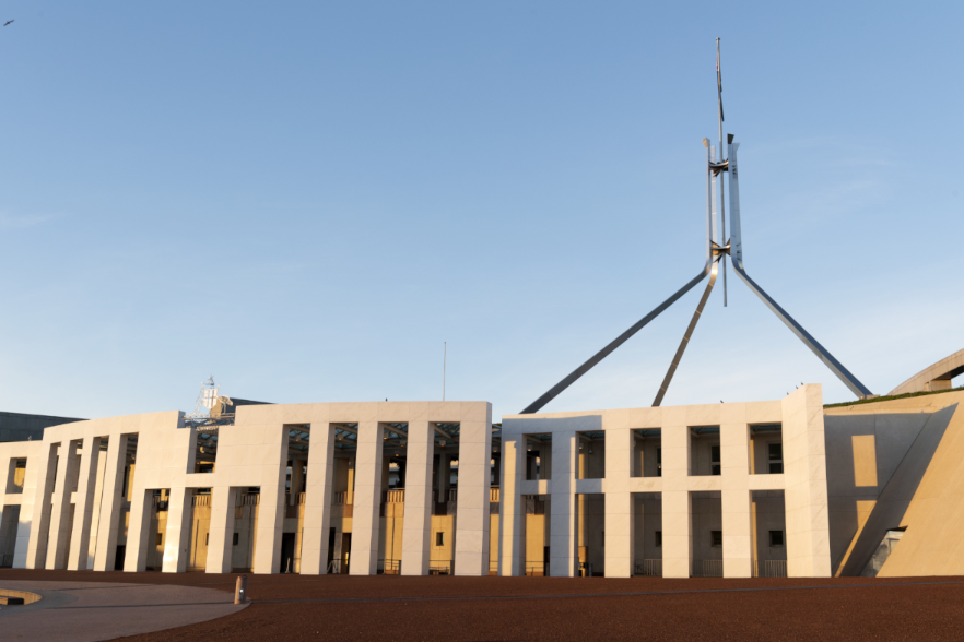 Front of Parliament House at sunrise